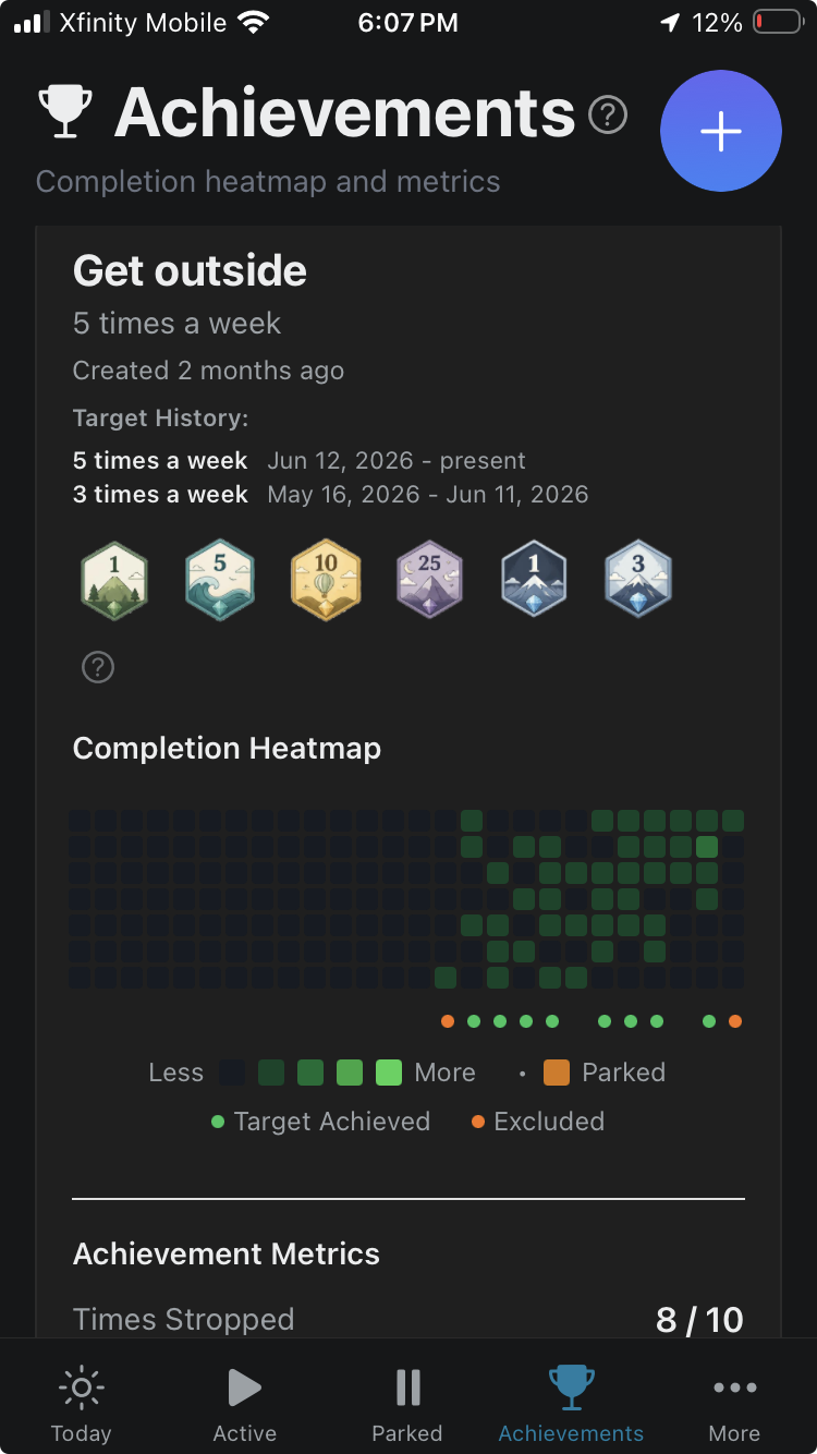 Achievements screen — Get outside heatmap