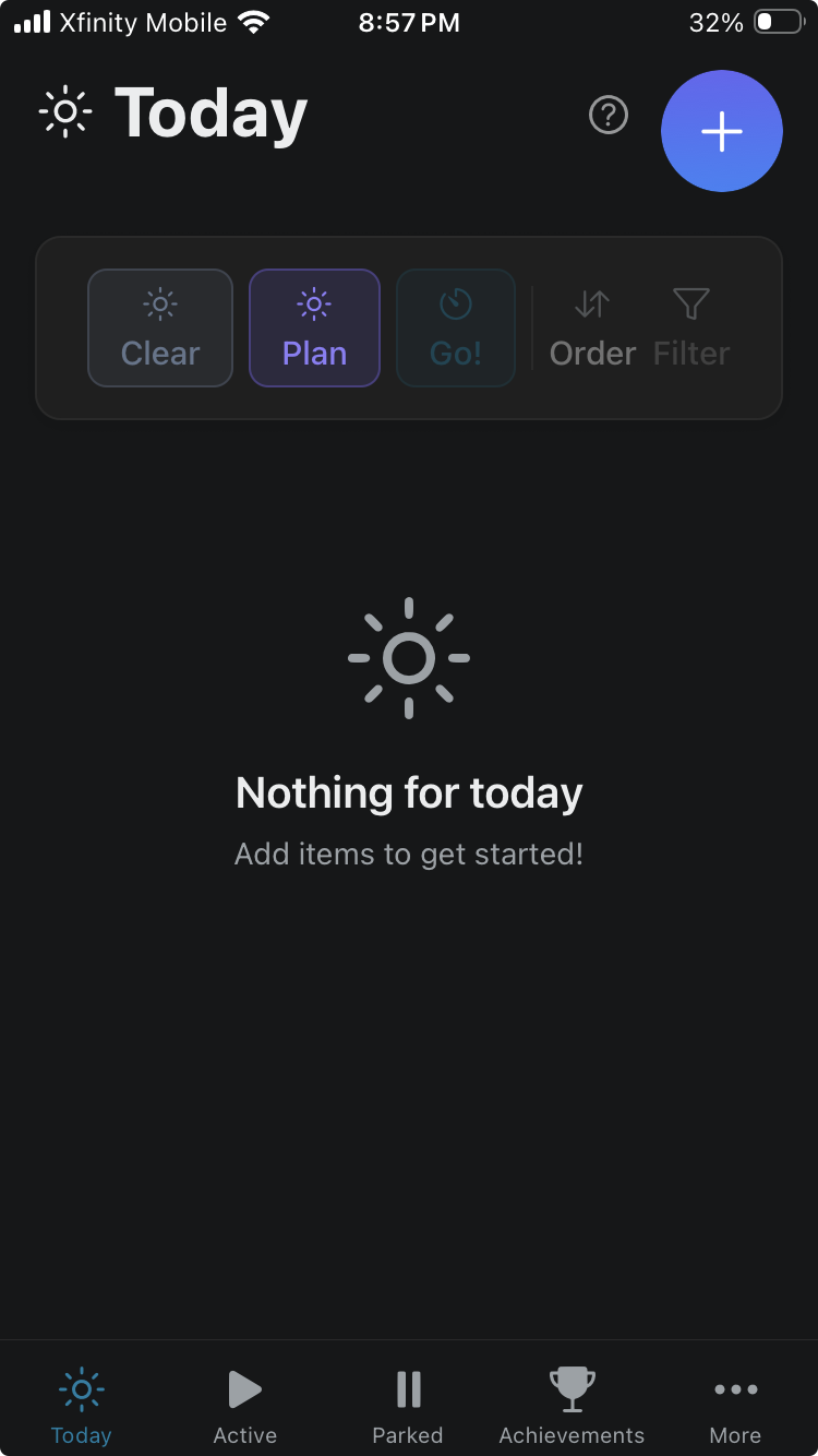 Cleared Today screen — nothing for today